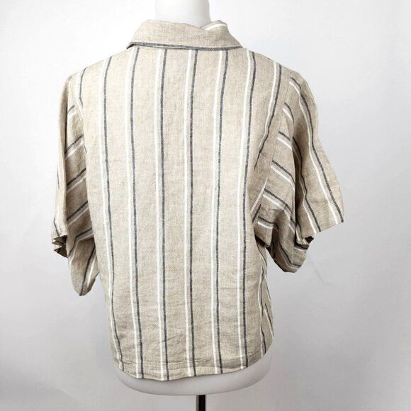 Banana Republic Boxy Cropped Linen Shirt Natural Linen Beige Stripe Womens M - Picture 3 of 5